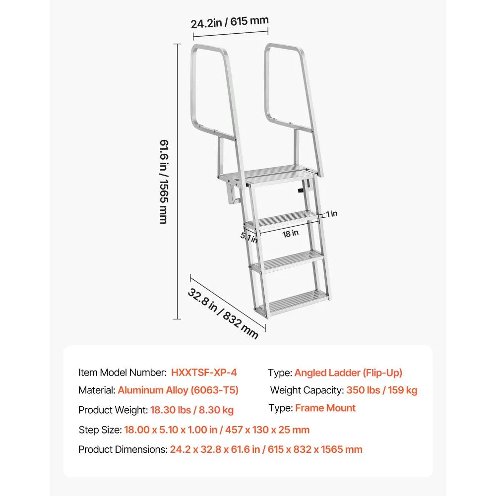VEVOR Flip-Up Dock Ladder, 4-Step, Heavy-Duty Aluminum Alloy Pontoon Boat Swim Ladder, with Non-Slip Wide Steps, 350 lbs Weight Capacity, Pull Rope Assist, Comfort Use for Lake Pool Marine Boarding