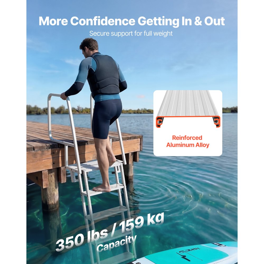 VEVOR Flip-Up Dock Ladder, 5-Step, Heavy-Duty Aluminum Alloy Pontoon Boat Swim Ladder, with Non-Slip Wide Steps, 350 lbs Weight Capacity, Pull Rope Assist, Comfort Use for Lake Pool Marine Boarding