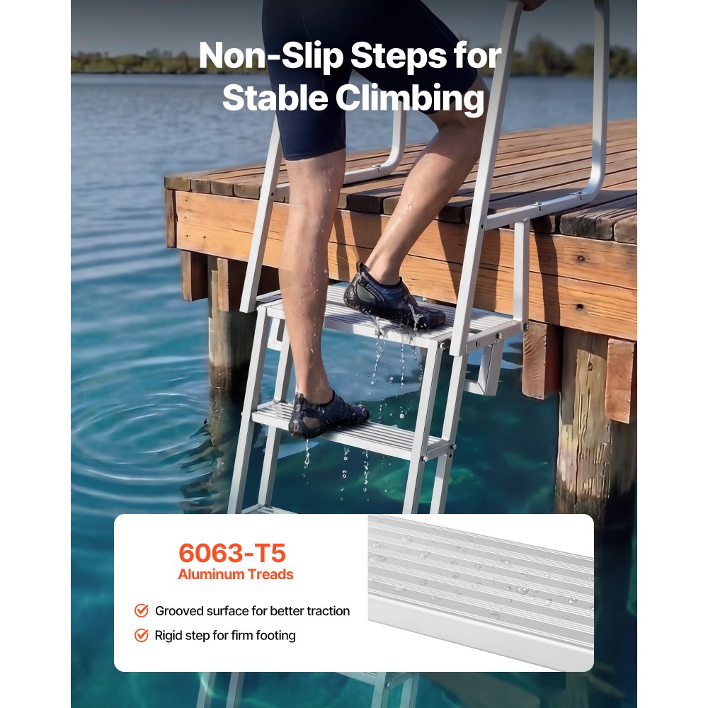 VEVOR Flip-Up Dock Ladder, 5-Step, Heavy-Duty Aluminum Alloy Pontoon Boat Swim Ladder, with Non-Slip Wide Steps, 350 lbs Weight Capacity, Pull Rope Assist, Comfort Use for Lake Pool Marine Boarding