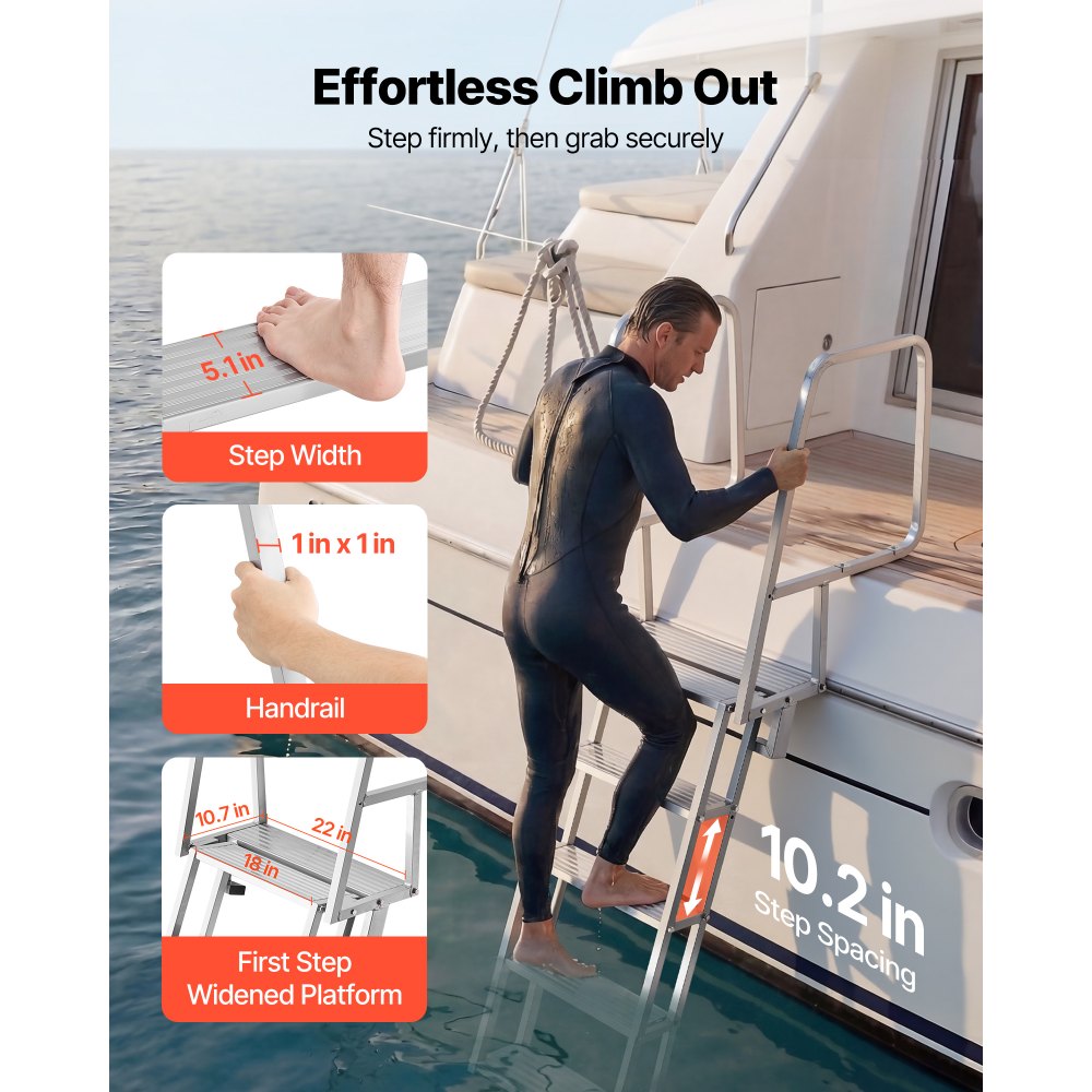 VEVOR Flip-Up Dock Ladder, 5-Step, Heavy-Duty Aluminum Alloy Pontoon Boat Swim Ladder, with Non-Slip Wide Steps, 350 lbs Weight Capacity, Pull Rope Assist, Comfort Use for Lake Pool Marine Boarding