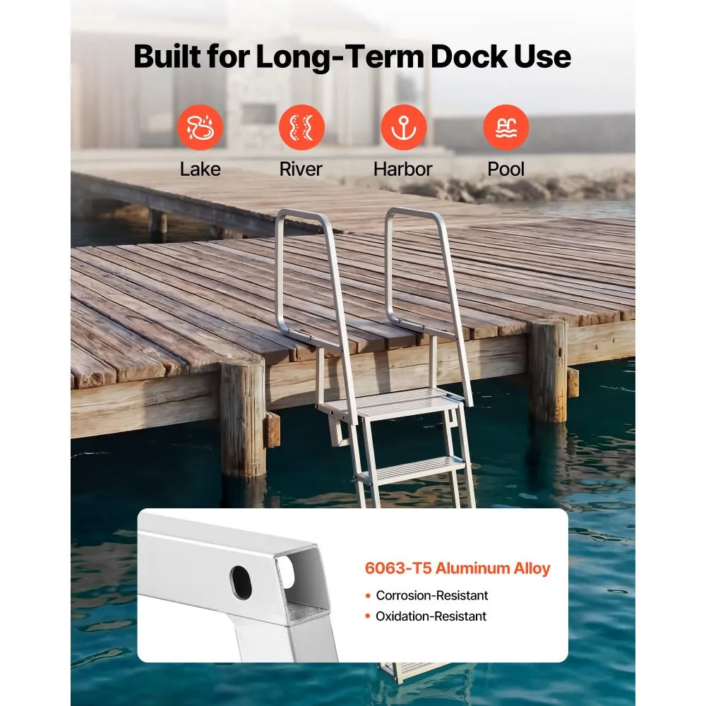 VEVOR Flip-Up Dock Ladder, 5-Step, Heavy-Duty Aluminum Alloy Pontoon Boat Swim Ladder, with Non-Slip Wide Steps, 350 lbs Weight Capacity, Pull Rope Assist, Comfort Use for Lake Pool Marine Boarding