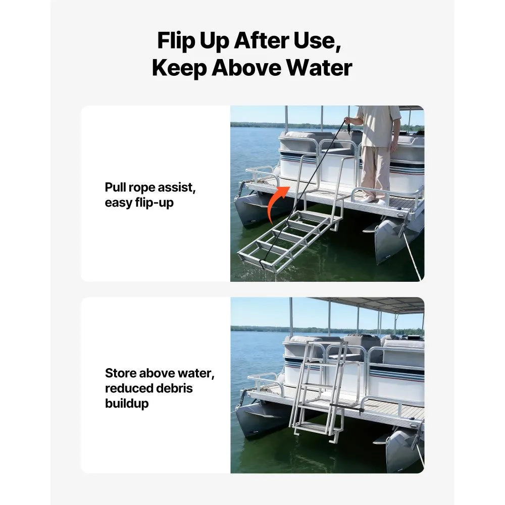 VEVOR Flip-Up Dock Ladder, 5-Step, Heavy-Duty Aluminum Alloy Pontoon Boat Swim Ladder, with Non-Slip Wide Steps, 350 lbs Weight Capacity, Pull Rope Assist, Comfort Use for Lake Pool Marine Boarding