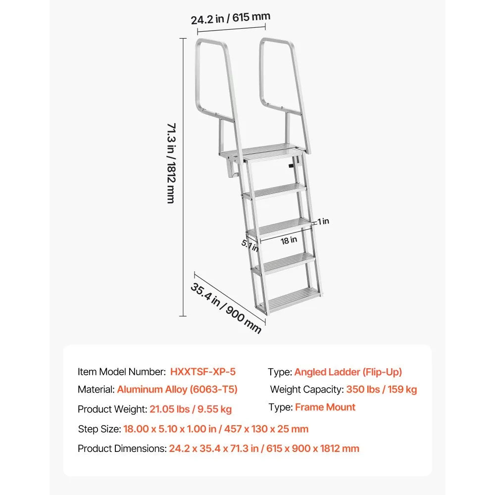 VEVOR Flip-Up Dock Ladder, 5-Step, Heavy-Duty Aluminum Alloy Pontoon Boat Swim Ladder, with Non-Slip Wide Steps, 350 lbs Weight Capacity, Pull Rope Assist, Comfort Use for Lake Pool Marine Boarding