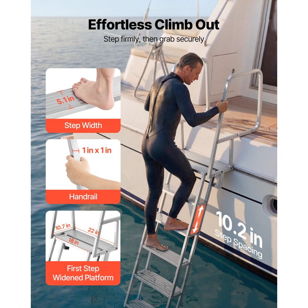VEVOR Flip-Up Dock Ladder, 6-Step, Heavy-Duty Aluminum Alloy Pontoon Boat Swim Ladder, with Non-Slip Wide Steps, 350 lbs Weight Capacity, Pull Rope Assist, Comfort Use for Lake Pool Marine Boarding