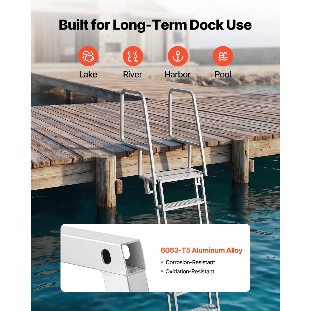 VEVOR Flip-Up Dock Ladder, 6-Step, Heavy-Duty Aluminum Alloy Pontoon Boat Swim Ladder, with Non-Slip Wide Steps, 350 lbs Weight Capacity, Pull Rope Assist, Comfort Use for Lake Pool Marine Boarding