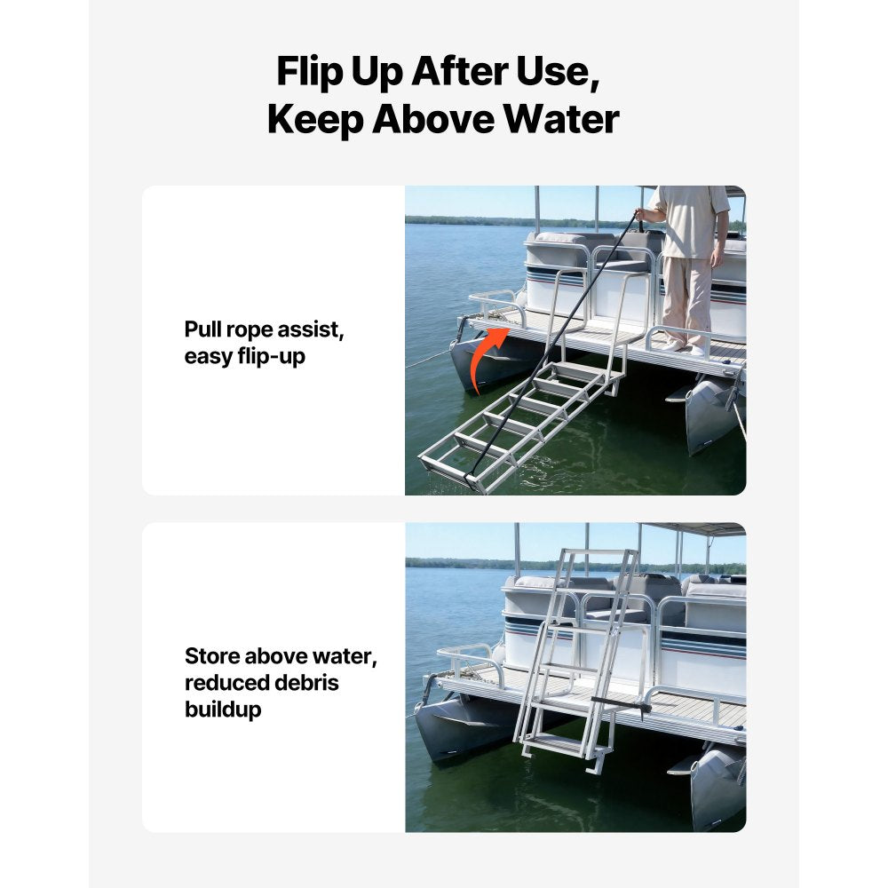 VEVOR Flip-Up Dock Ladder, 6-Step, Heavy-Duty Aluminum Alloy Pontoon Boat Swim Ladder, with Non-Slip Wide Steps, 350 lbs Weight Capacity, Pull Rope Assist, Comfort Use for Lake Pool Marine Boarding
