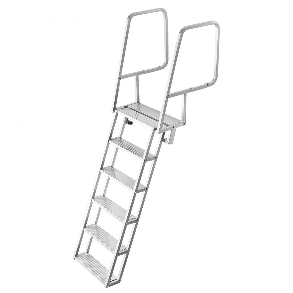 VEVOR Flip-Up Dock Ladder, 6-Step, Heavy-Duty Aluminum Alloy Pontoon Boat Swim Ladder, with Non-Slip Wide Steps, 350 lbs Weight Capacity, Pull Rope Assist, Comfort Use for Lake Pool Marine Boarding