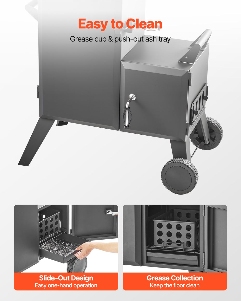 Easy to clean design with grease cup and push-out ash tray