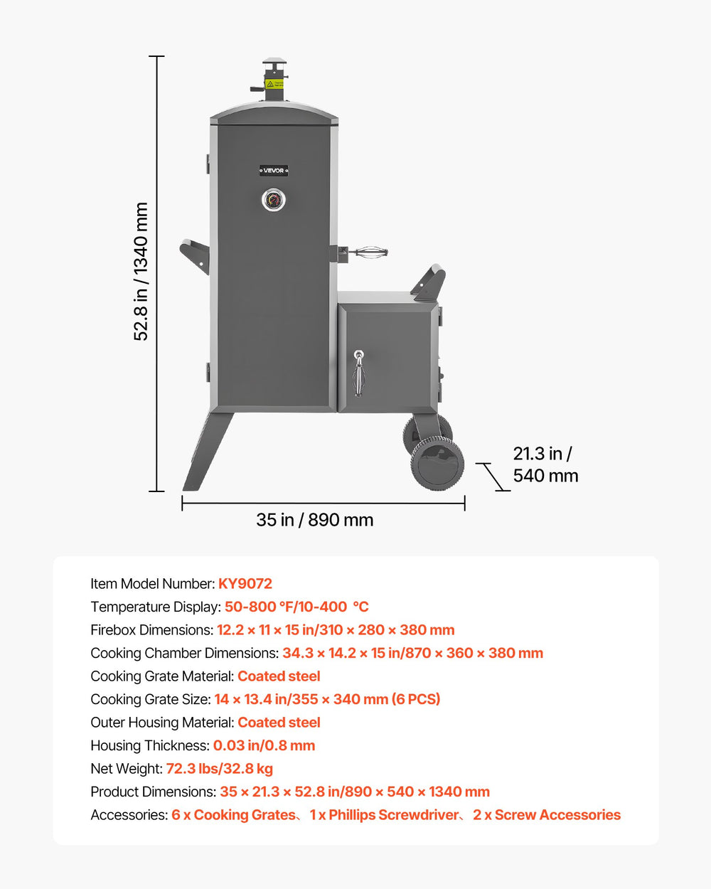 Product size and specifications graphic (35 x 21.3 x 52.8 in)