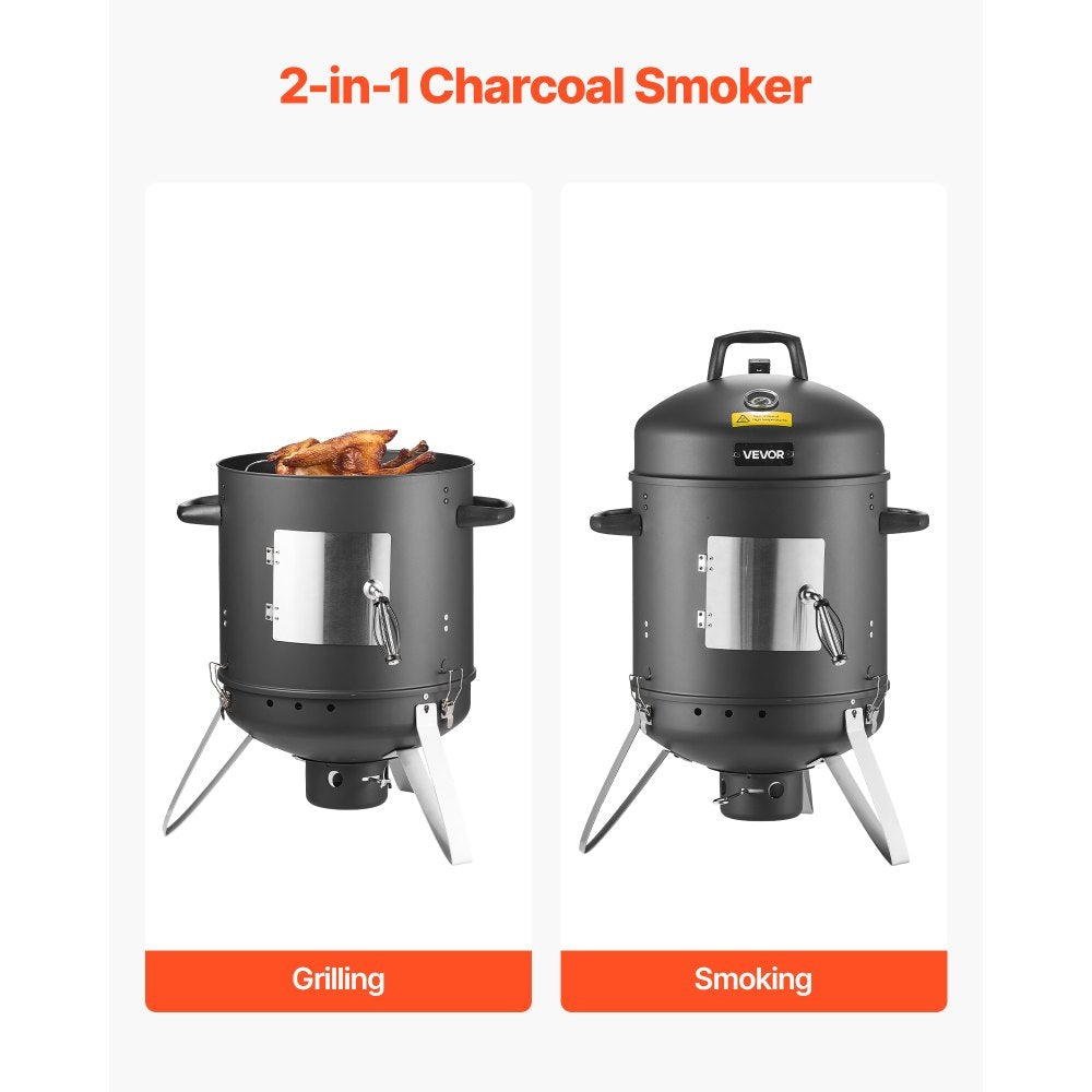 VEVOR Charcoal Smoker, 16" Vertical Charcoal BBQ Grill, Coated Steel Barbecue Smoker with 2 Grilling Grates, Thermometer, Air Vents & Removable Ash Tray, Ideal for Backyard Patio Parties Cooking
