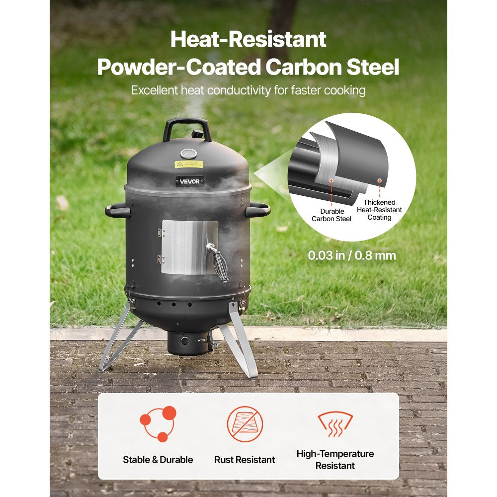 VEVOR Charcoal Smoker, 16" Vertical Charcoal BBQ Grill, Coated Steel Barbecue Smoker with 2 Grilling Grates, Thermometer, Air Vents & Removable Ash Tray, Ideal for Backyard Patio Parties Cooking