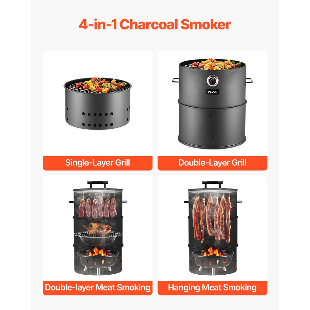 VEVOR Charcoal Smoker Grill, 18.5" Barrel Charcoal BBQ Smoker, Coated Steel Outdoor Barbecue Grill with 2 Grilling Grates, 1 Hanging Rod, 6 Hooks & Thermometer, Ideal for Party Backyard Patio Cooking