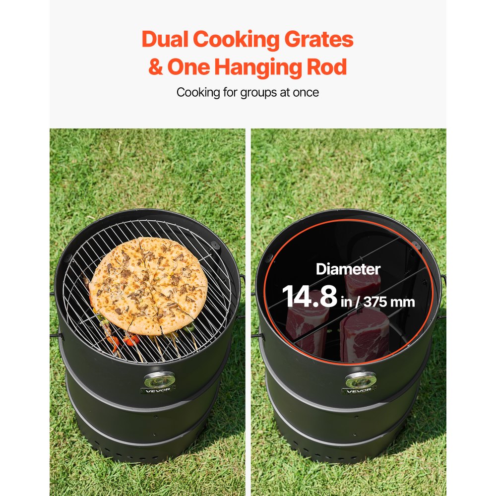 VEVOR Charcoal Smoker Grill, 18.5" Barrel Charcoal BBQ Smoker, Coated Steel Outdoor Barbecue Grill with 2 Grilling Grates, 1 Hanging Rod, 6 Hooks & Thermometer, Ideal for Party Backyard Patio Cooking