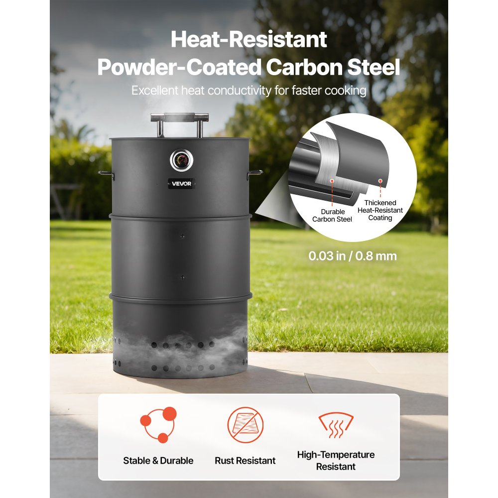 VEVOR Charcoal Smoker Grill, 18.5" Barrel Charcoal BBQ Smoker, Coated Steel Outdoor Barbecue Grill with 2 Grilling Grates, 1 Hanging Rod, 6 Hooks & Thermometer, Ideal for Party Backyard Patio Cooking