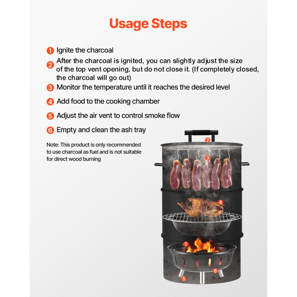 VEVOR Charcoal Smoker Grill, 18.5" Barrel Charcoal BBQ Smoker, Coated Steel Outdoor Barbecue Grill with 2 Grilling Grates, 1 Hanging Rod, 6 Hooks & Thermometer, Ideal for Party Backyard Patio Cooking