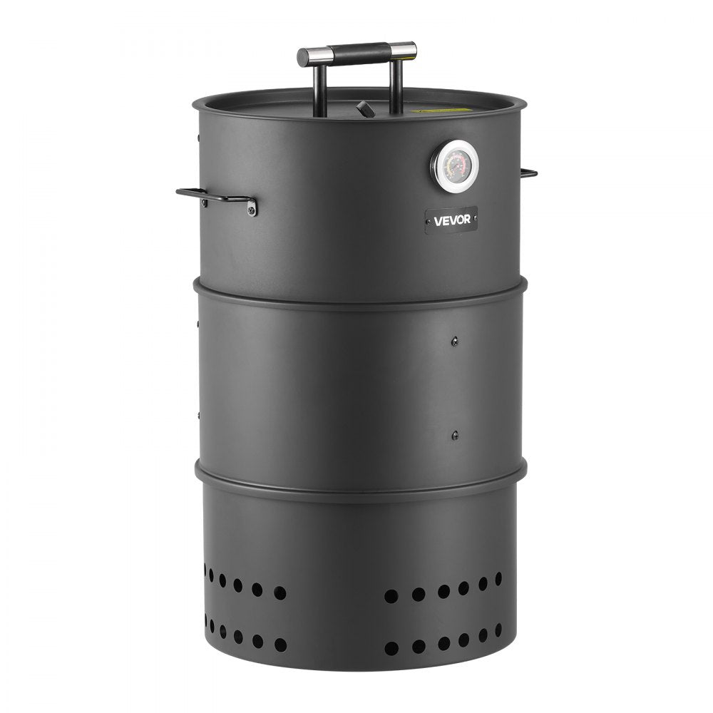 VEVOR Charcoal Smoker Grill, 18.5" Barrel Charcoal BBQ Smoker, Coated Steel Outdoor Barbecue Grill with 2 Grilling Grates, 1 Hanging Rod, 6 Hooks & Thermometer, Ideal for Party Backyard Patio Cooking