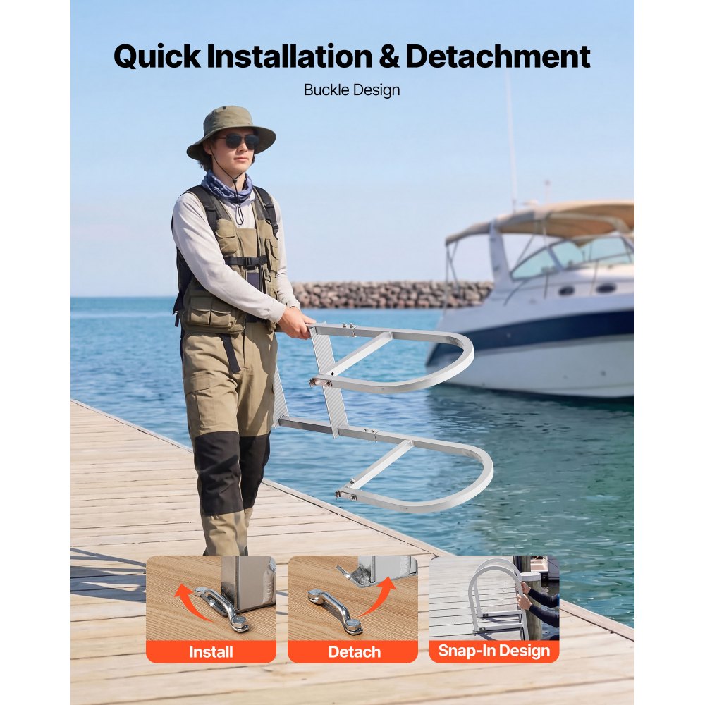 VEVOR Dock Ladder, Removable 3 Steps, 500 lbs Load Capacity, Aluminum Alloy Pontoon Boat Ladder with 3.1'' Wide Step & Nonslip Rubber Mat, Easy to Install for Ship/Lake/Pool/Marine Boarding