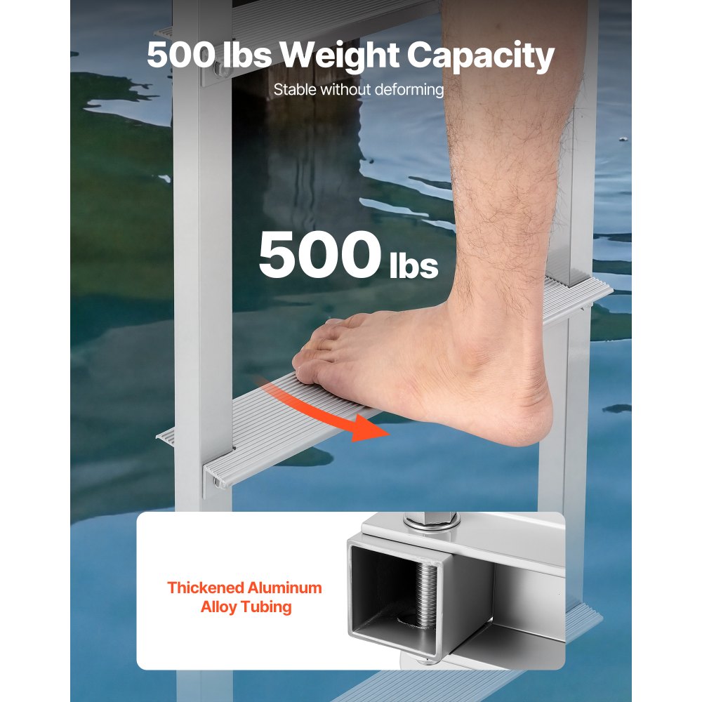 VEVOR Removable Dock Ladder, 4 Steps, Aluminum Alloy Pontoon Boat Swim Ladder, with Non-Slip Wide Steps, 500 lbs Weight Capacity, Quick Release Design, for Lake Swimming, Pool, Boat, Marine Boarding
