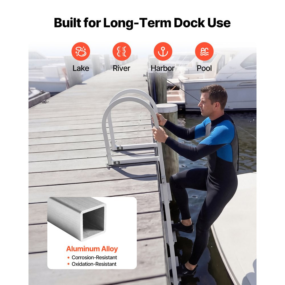VEVOR Removable Dock Ladder, 4 Steps, Aluminum Alloy Pontoon Boat Swim Ladder, with Non-Slip Wide Steps, 500 lbs Weight Capacity, Quick Release Design, for Lake Swimming, Pool, Boat, Marine Boarding