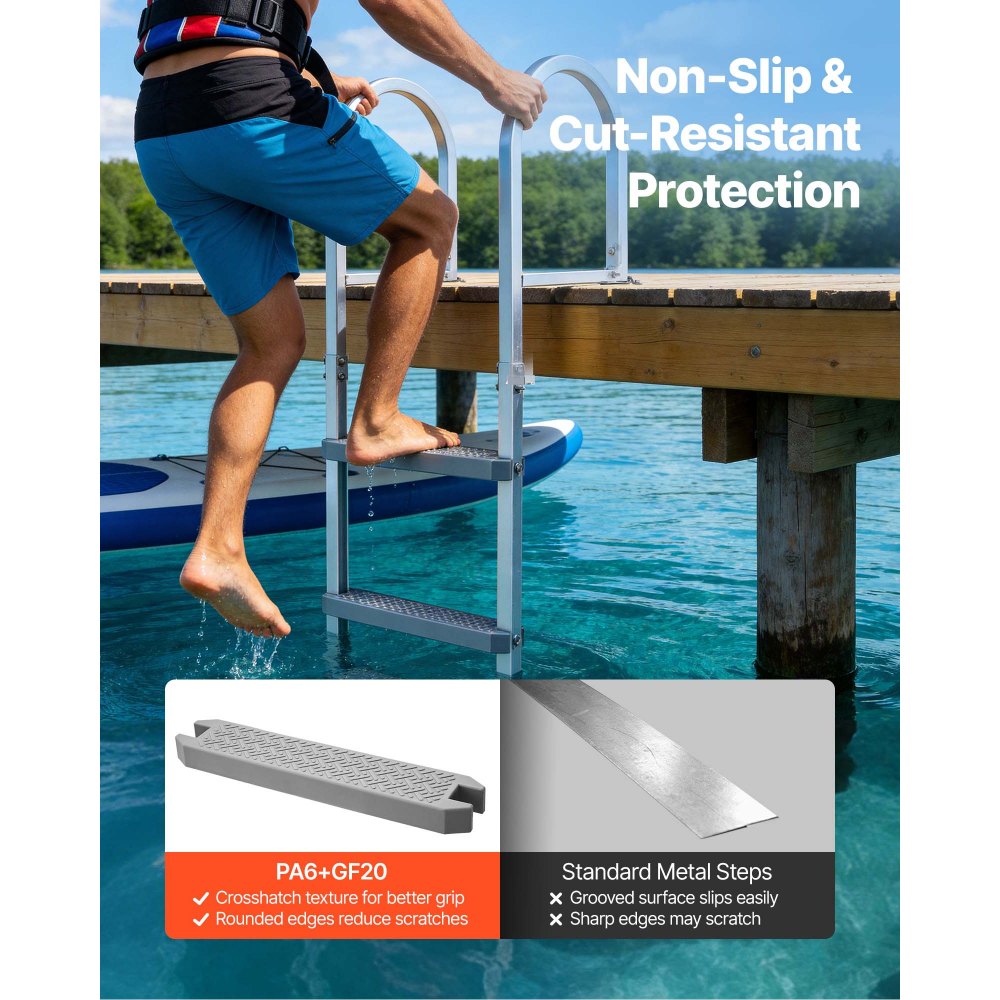 VEVOR Removable Dock Ladder, 3 Steps, Aluminum Alloy Pontoon Boat Swim Ladder, with Non-Slip Wide PP Steps, 500 lbs Weight Capacity, Quick Release Design, for Lake Swimming, Pool, Marine Boarding