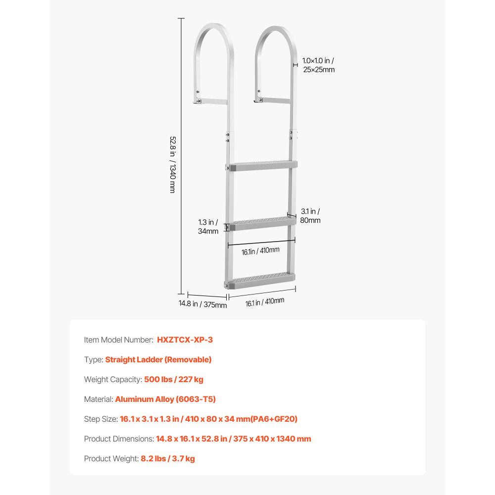 VEVOR Removable Dock Ladder, 3 Steps, Aluminum Alloy Pontoon Boat Swim Ladder, with Non-Slip Wide PP Steps, 500 lbs Weight Capacity, Quick Release Design, for Lake Swimming, Pool, Marine Boarding