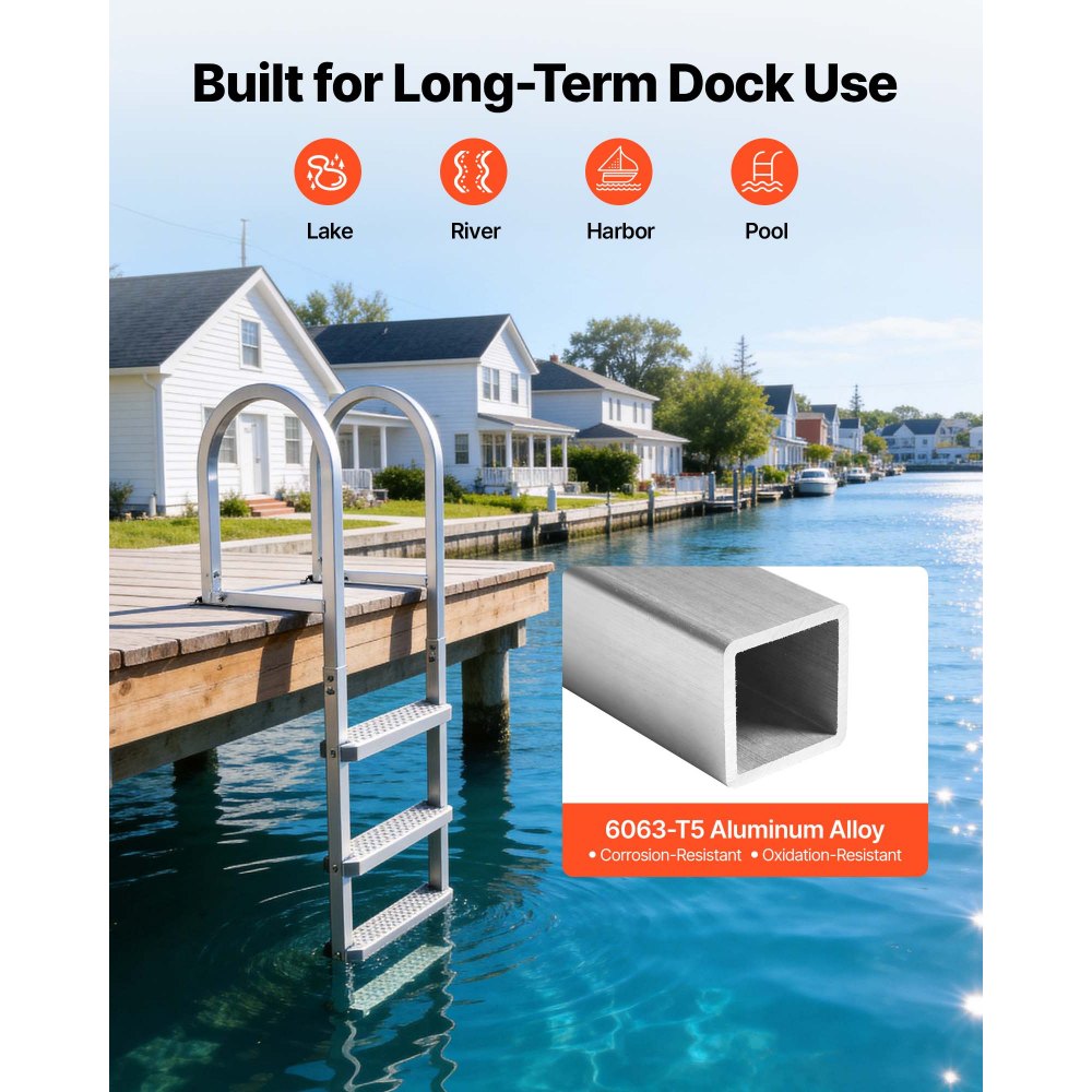 VEVOR Removable Dock Ladder, 4 Steps, Aluminum Alloy Pontoon Boat Swim Ladder, with Non-Slip Wide PP Steps, 500 lbs Weight Capacity, Quick Release Design, for Lake Swimming, Pool, Marine Boarding