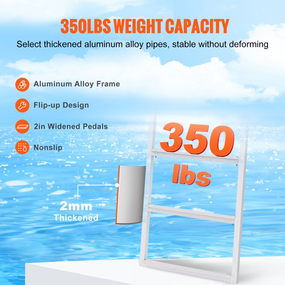 VEVOR Dock Ladder, Flip-Up 3 Steps, 350 lbs Load Capacity, Aluminum Alloy Pontoon Boat Ladder with 2'' Wide Step & Nonslip Rubber Mat, Easy to Install for Ship/Lake/Pool/Marine Boarding