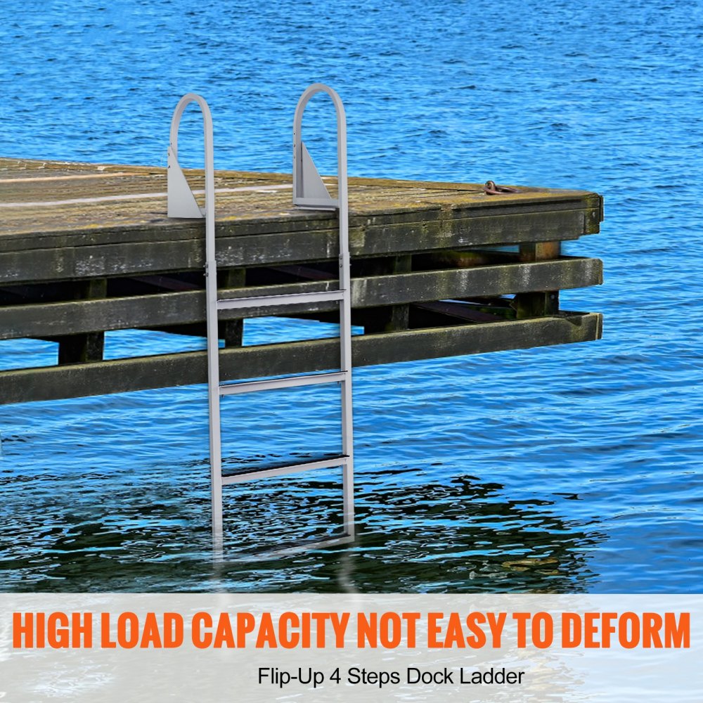 VEVOR Dock Ladder Flip-Up 4 Steps, 350 lbs Load Capacity, Aluminum Alloy Pontoon Boat Ladder with Nonslip Mat, Swimming Ladder for Ship/Lake/Pool/Marine Boarding