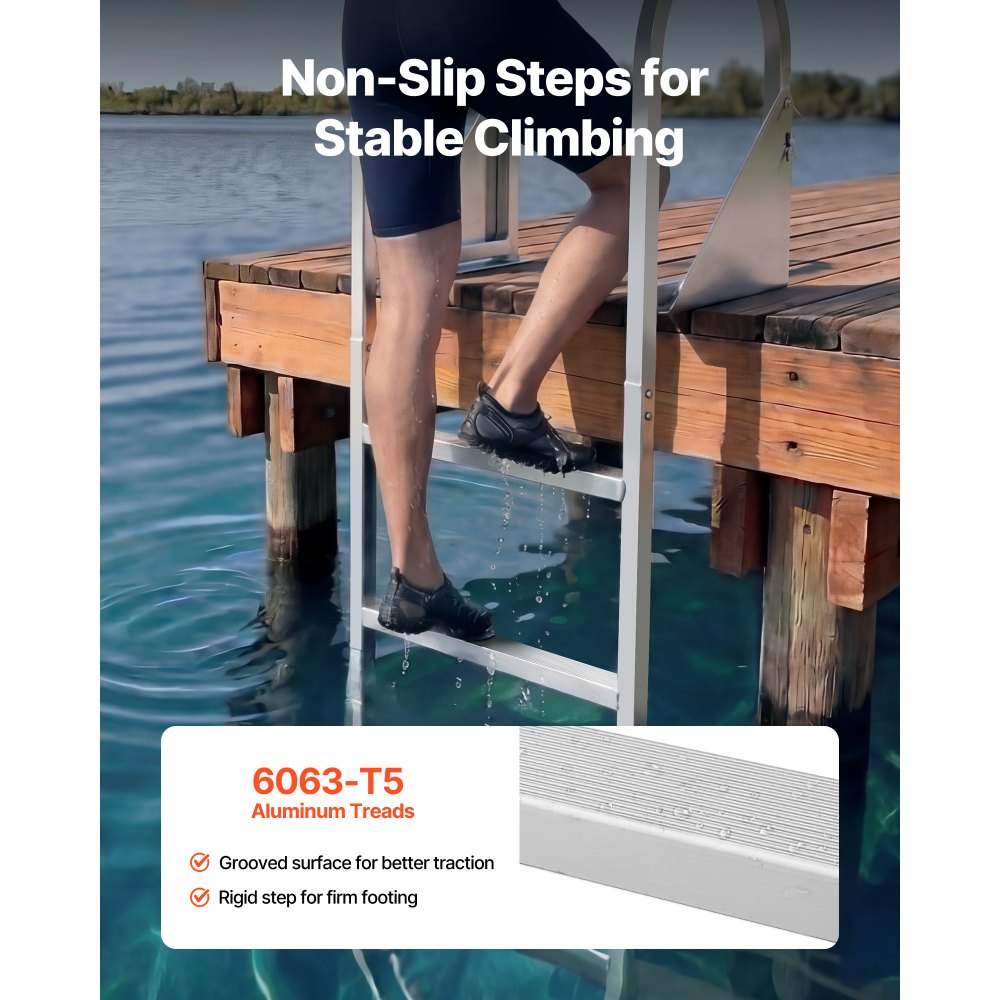 VEVOR Flip-Up Dock Ladder, 4-Step, Heavy-Duty Aluminum Alloy Pontoon Boat Swim Ladder, with Non-Slip Wide Steps, 350 lbs Weight Capacity, Pull Rope Assist, for Lake Swimming, Pool, Marine Boarding