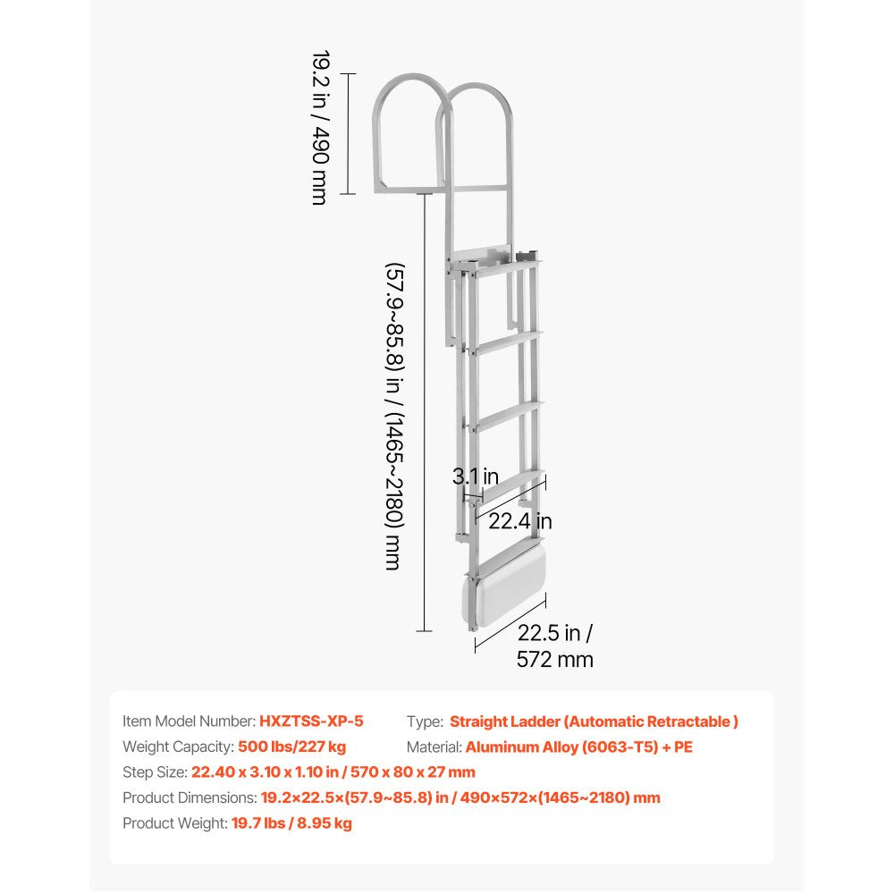 VEVOR Retractable Dock Ladder, 5 Steps, Aluminum Alloy Pontoon Boat Swim Ladder with Auto-Lift Float, Non-Slip Wide Steps, 500 lbs Weight Capacity, Adjustable Height, for Lake Pool Marine Boarding
