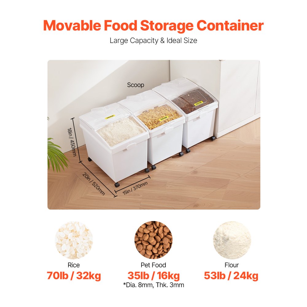 VEVOR Rice Storage Container, 10.5Gallon/40L x3 Capacity Large Dog Food Dispenser Bin, Kitchen Ingredient Grain Cereal Flour Bin, Pet food Containers with Wheels, 3 Scoops, and Airtight Lid, 3 Pack