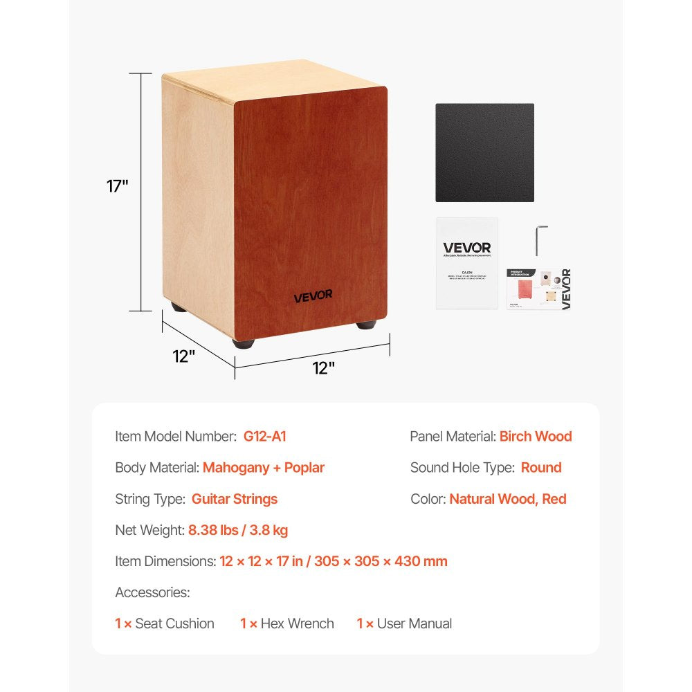 VEVOR Cajon Box Drum Wooden Percussion Instrument Drum with Guitar Strings Birch Wood