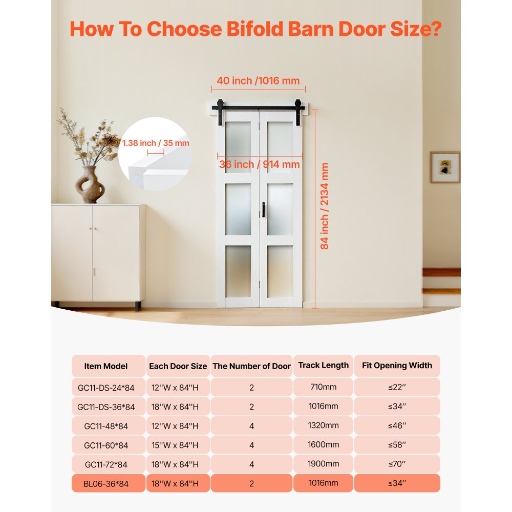 VEVOR Bifold Barn Door, 36" x 84", MDF with Tempered Glass Bi-Fold Sliding Closet Doors, Hardware Kit Included, Space-Saving Design, Pre-Assembled Panels for Bedroom, Living Room, Wardrobe, White