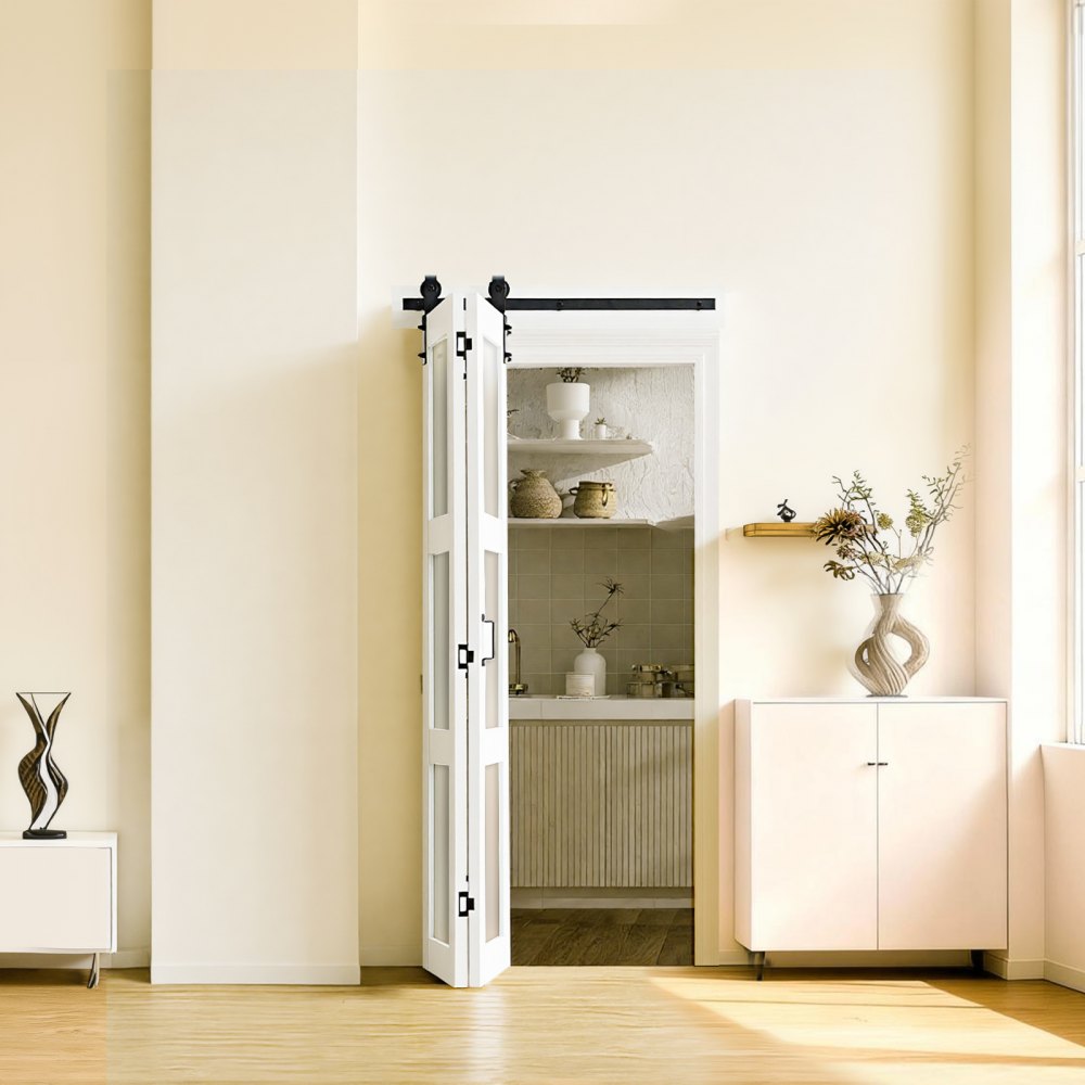 VEVOR Bifold Barn Door, 36" x 84", MDF with Tempered Glass Bi-Fold Sliding Closet Doors, Hardware Kit Included, Space-Saving Design, Pre-Assembled Panels for Bedroom, Living Room, Wardrobe, White