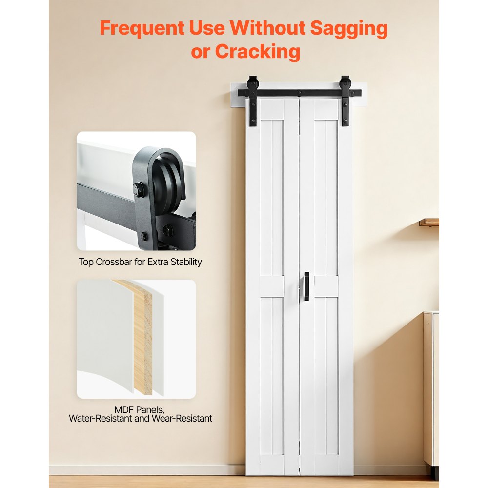 VEVOR Bifold Barn Door, 24" x 84", MDF Bi-Fold Sliding Closet Doors, Hardware Kit Included, H-Frame Space-Saving Design, Need to Assemble, for Bedroom, Living Room, Wardrobe and Room Divider, White