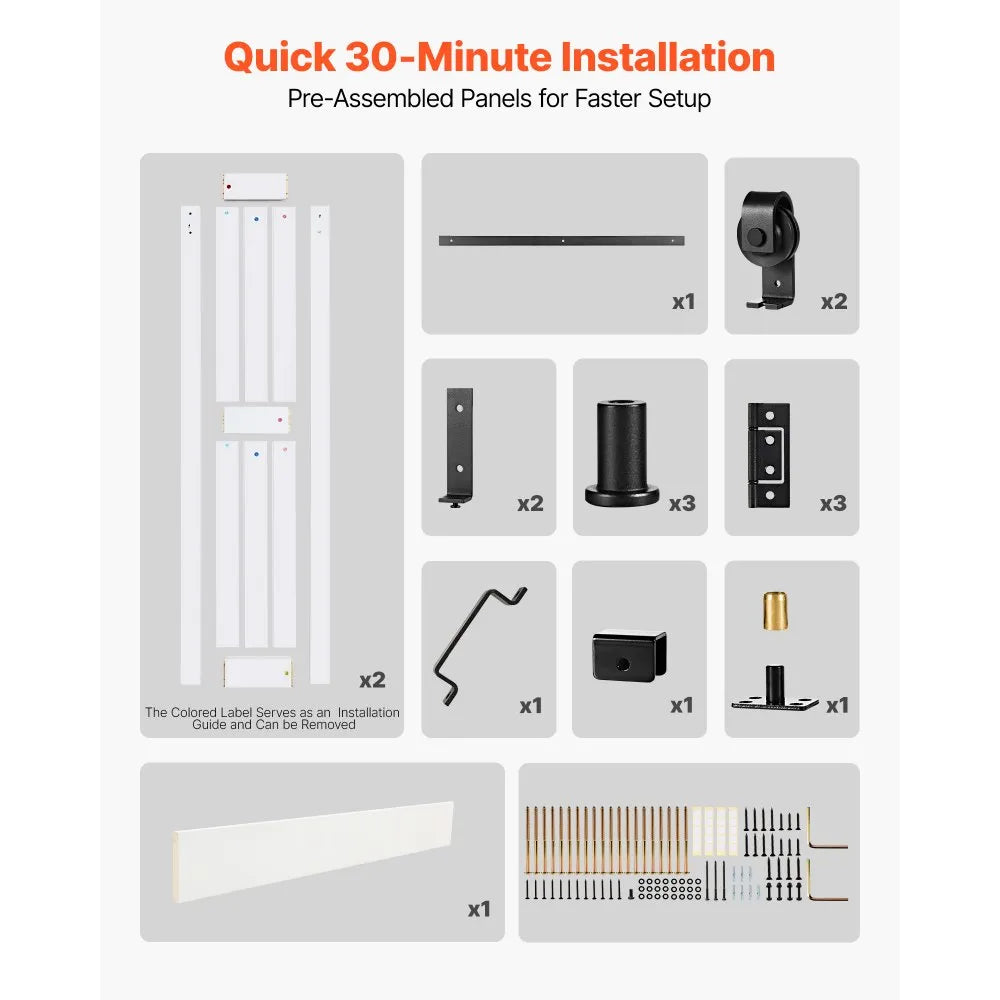 VEVOR Bifold Barn Door, 36" x 84", MDF Bi-Fold Sliding Closet Doors, Hardware Kit Included, H-Frame Space-Saving Design, Need to Assemble, for Bedroom, Living Room, Wardrobe and Room Divider, White