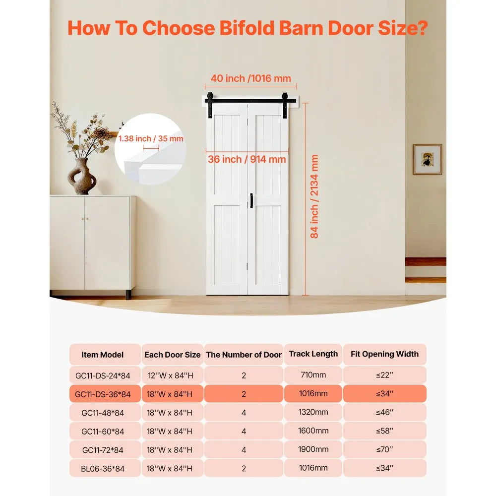 VEVOR Bifold Barn Door, 36" x 84", MDF Bi-Fold Sliding Closet Doors, Hardware Kit Included, H-Frame Space-Saving Design, Need to Assemble, for Bedroom, Living Room, Wardrobe and Room Divider, White