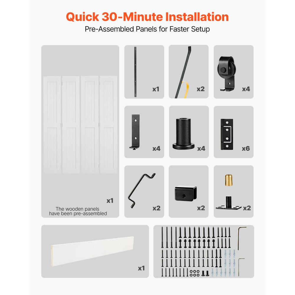VEVOR Bifold Barn Door, 48" x 84", MDF Bi-Fold Sliding Closet Doors, Hardware Kit Included, H-Frame Space-Saving Design, Pre-Assembled Panels for Bedroom, Living Room, Wardrobe and Room Divider, White