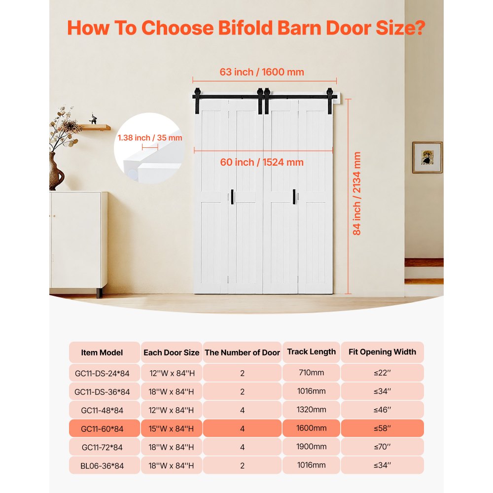 VEVOR Bifold Barn Door, 60" x 84", MDF Bi-Fold Sliding Closet Doors, Hardware Kit Included, H-Frame Space-Saving Design, Pre-Assembled Panels for Bedroom, Living Room, Wardrobe and Room Divider, White