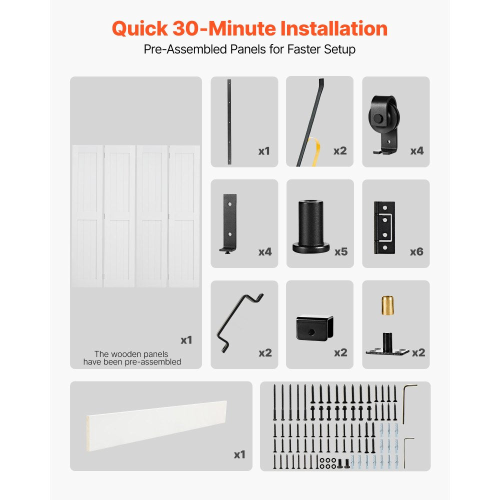 VEVOR Bifold Barn Door, 72" x 84", MDF Bi-Fold Sliding Closet Doors, Hardware Kit Included, H-Frame Space-Saving Design, Pre-Assembled Panels for Bedroom, Living Room, Wardrobe and Room Divider, White