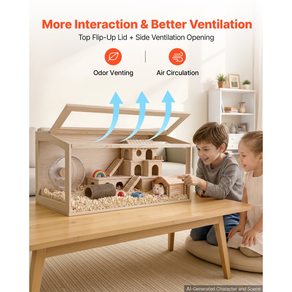 VEVOR Wooden Hamster Cage 40.1"x20.4"x20.1" 270° Viewing Hamster Habitat, Chewproof Acrylic Small Animal Cage with Openable Top, Large Pet Enclosure for Syrian/Dwarf Hamsters, Guinea Pigs & Gerbils