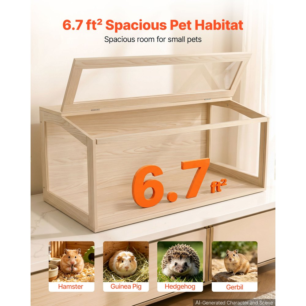 VEVOR Wooden Hamster Cage 48"x20.1"x20.1" 270° Viewing Hamster Habitat, Chewproof Acrylic Small Animal Cage with Openable Top, Large Pet Enclosure for Syrian/Dwarf Hamsters, Guinea Pigs & Gerbils