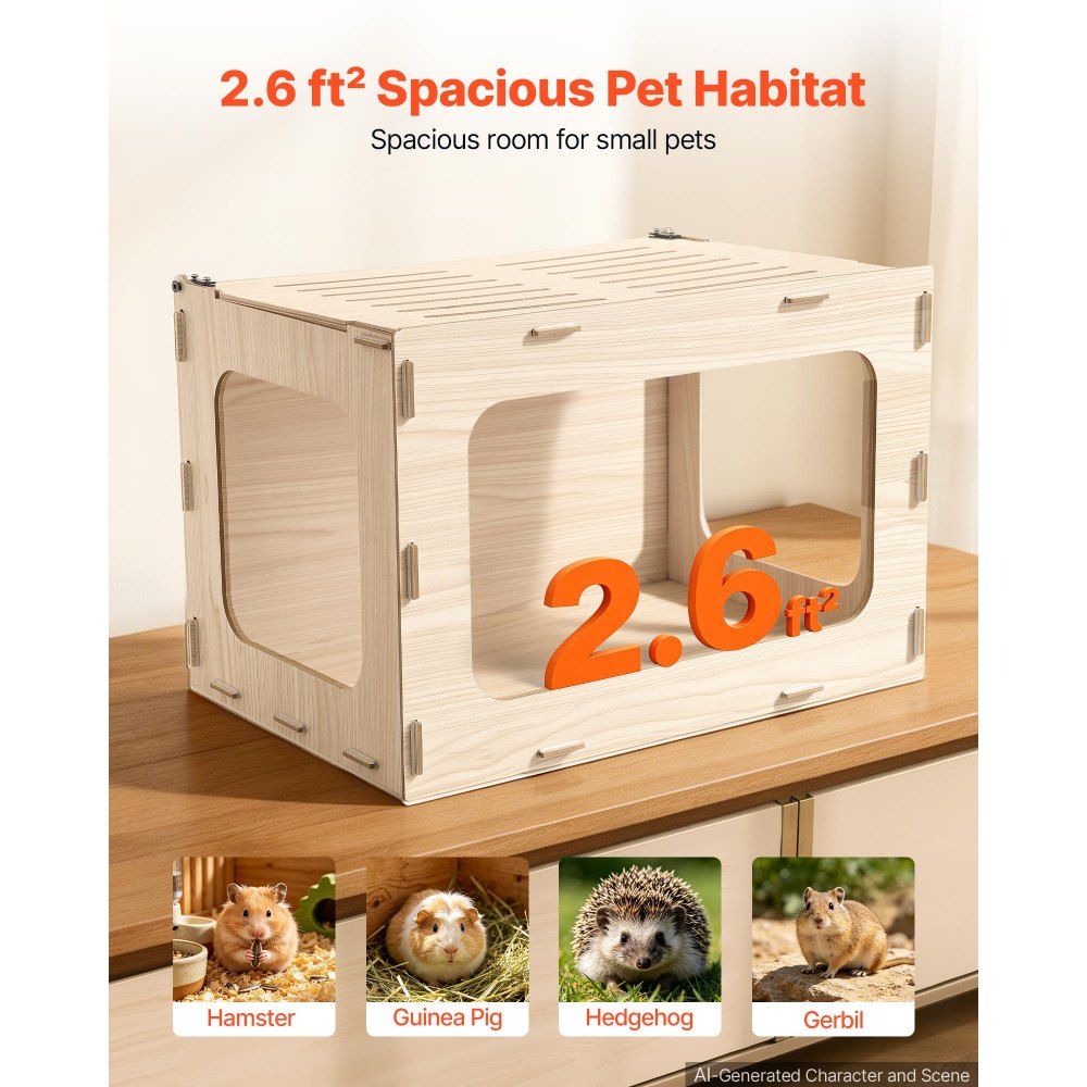 VEVOR Wooden Hamster Cage 23.8"x15.9"x15.9" 270° Viewing Hamster Habitat, Chewproof Small Animal Cage with Openable Top, Large Pet House Wood Enclosure for Syrian/Dwarf Hamsters, Guinea Pigs, Gerbils