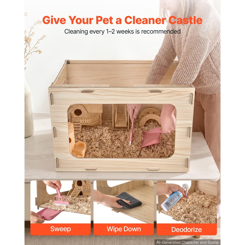 VEVOR Wooden Hamster Cage 23.8"x15.9"x15.9" 270° Viewing Hamster Habitat, Chewproof Small Animal Cage with Openable Top, Large Pet House Wood Enclosure for Syrian/Dwarf Hamsters, Guinea Pigs, Gerbils