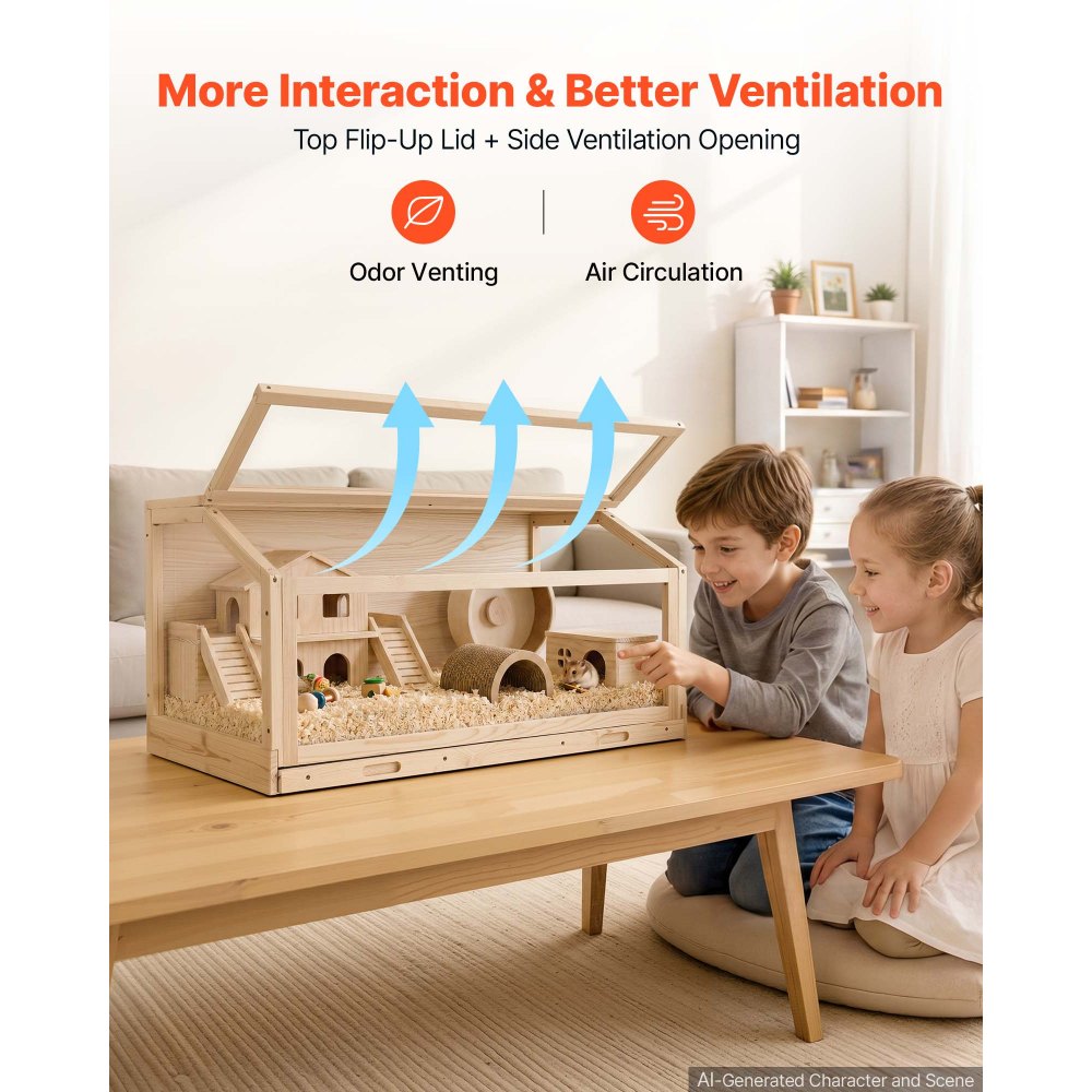 VEVOR Wooden Hamster Cage 39.4"x20.5"x19.9" 270° Viewing Hamster Habitat, Chewproof Acrylic Small Animal Cage with Openable Top, Large Pet Enclosure for Syrian/Dwarf Hamsters, Guinea Pigs & Gerbils