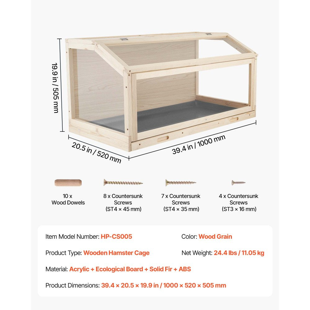 VEVOR Wooden Hamster Cage 39.4"x20.5"x19.9" 270° Viewing Hamster Habitat, Chewproof Acrylic Small Animal Cage with Openable Top, Large Pet Enclosure for Syrian/Dwarf Hamsters, Guinea Pigs & Gerbils