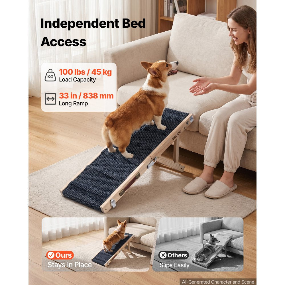 VEVOR Dog Ramp for Bed 14.2"-15.4" 2 Adjustable Height Foldable Pet Ramp, for Small & Senior Dogs to Get on Couch Sofa, 33" Long, Up to 100 lbs, Portable Wooden with Non-Slip Felt Surface & Handle
