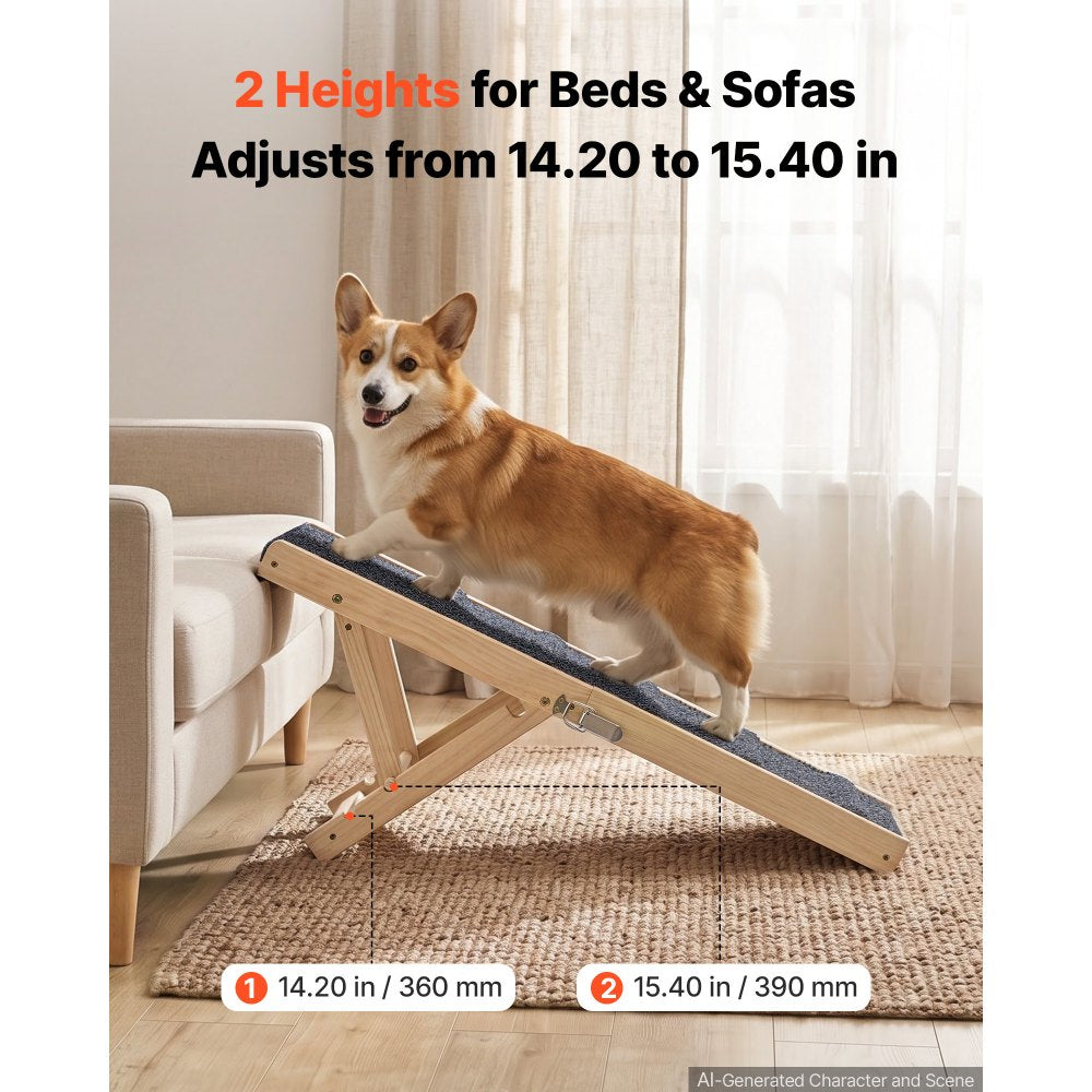 VEVOR Dog Ramp for Bed 14.2"-15.4" 2 Adjustable Height Foldable Pet Ramp, for Small & Senior Dogs to Get on Couch Sofa, 33" Long, Up to 100 lbs, Portable Wooden with Non-Slip Felt Surface & Handle
