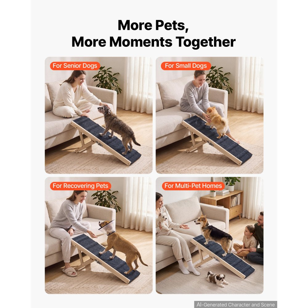VEVOR Dog Ramp for Bed 14.2"-15.4" 2 Adjustable Height Foldable Pet Ramp, for Small & Senior Dogs to Get on Couch Sofa, 33" Long, Up to 100 lbs, Portable Wooden with Non-Slip Felt Surface & Handle