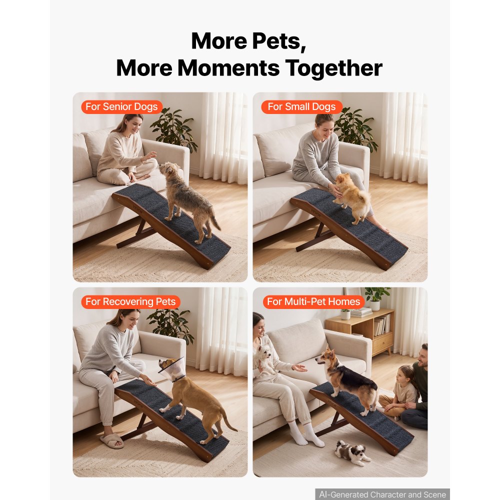VEVOR Dog Ramp for Bed 12.6"-16.5" 4 Adjustable Height Foldable Pet Ramp, for Small & Senior Dogs to Get on Couch Sofa, 35" Long, Up to 200 lbs, Portable Wooden with Non-Slip Felt Surface & Handle